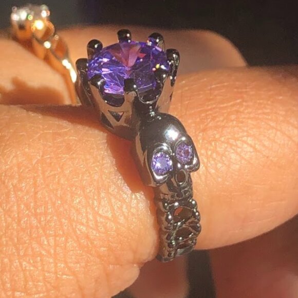 2PC Black Gold Plating Gothic Skull Rose Rings Crystal Amethyst Rhodolite - Picture 3 of 9